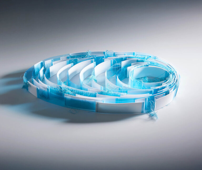 Szombathelyi Textiltriennálé Tű-Rés-Határ Vigadó - Beliczay Zsófia: Sírnak a sarki jegek; műanyag, cérna, vágás; illesztés, varrás.