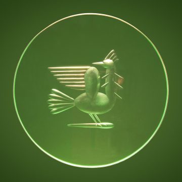 Báthory Júlia: Szélkakas (La Girouette); csiszolt intaglio plakett; homokfújt síküveg